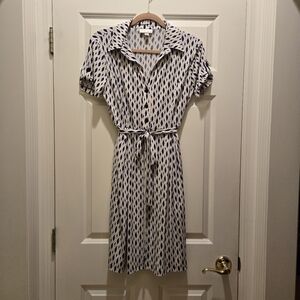 Kenar Button Up Dress 8 Geometric Printed Belted Short Sleeve Roll Tab Collared